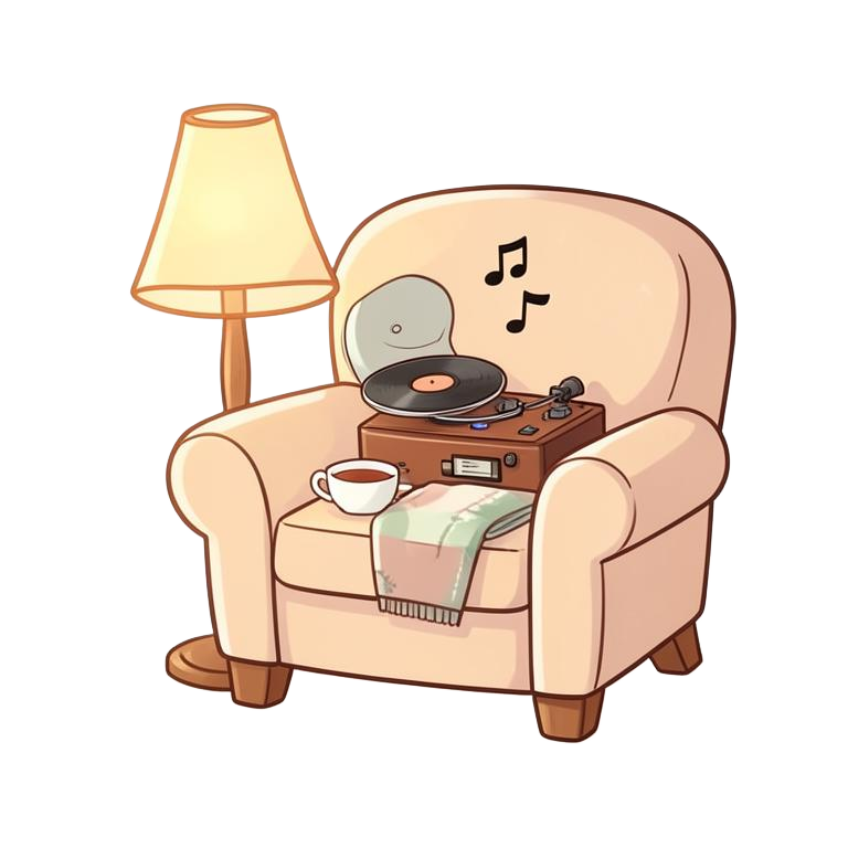 Cartoon of a cosy armchair with a record player and music notes