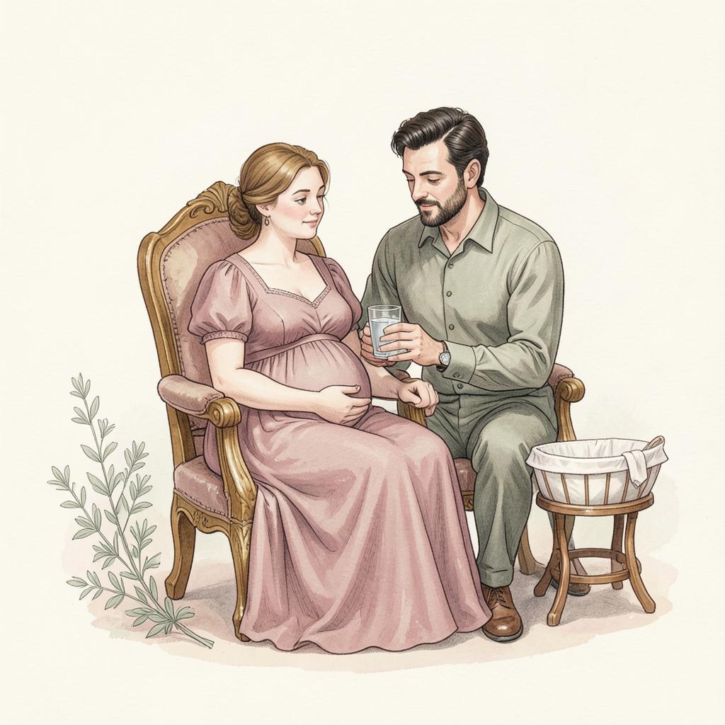An expecting mother resting while her partner brings her water