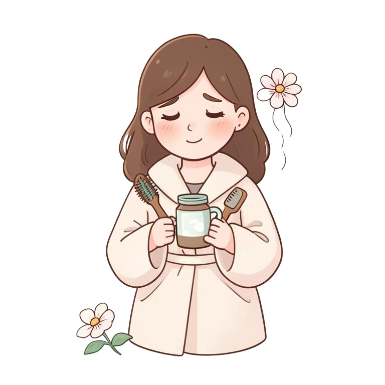 Cartoon of a mother in a robe holding a warm drink, with a hairbrush and vitamins